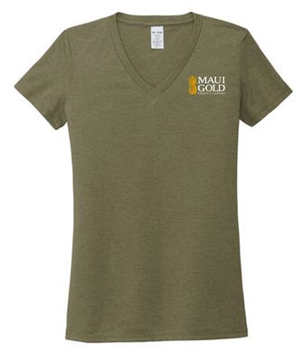 a women's v - neck shirt with a logo on the chest