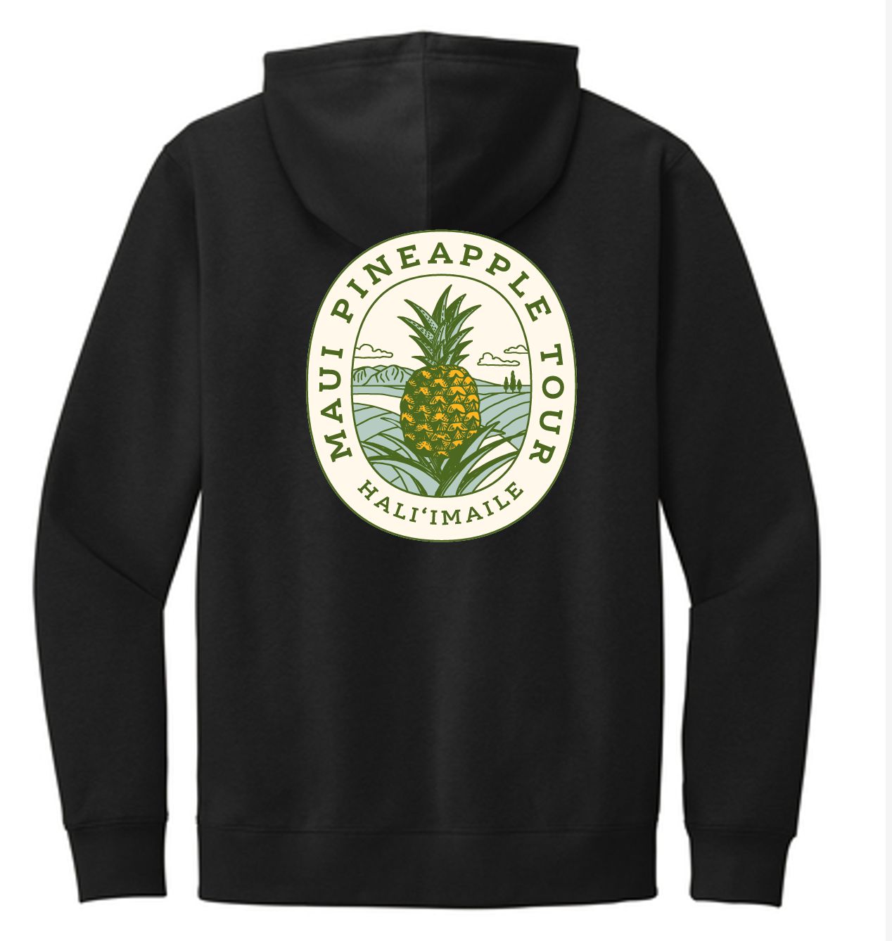a black hoodie with a pineapple logo on it