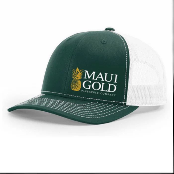 a green and white trucker hat with the words mau gold on it