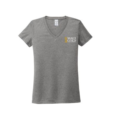 a women's v - neck t - shirt with a logo on the chest
