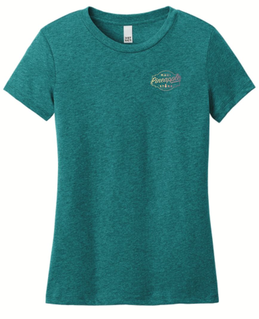 a women's green t - shirt with a small logo on the chest