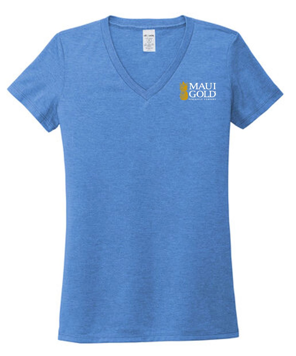 a women's blue v - neck shirt with the words mail gold on it