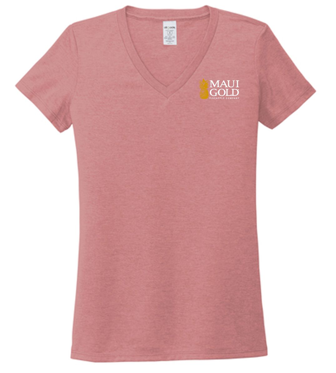 a women's pink v - neck shirt with the words mau gold on