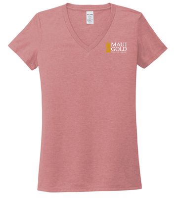a women's pink v - neck shirt with the words mau gold on