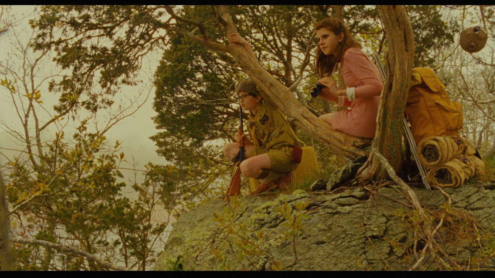 a couple of people sitting on top of a tree