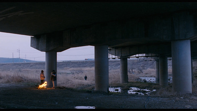 a couple of people standing next to a fire under a bridge