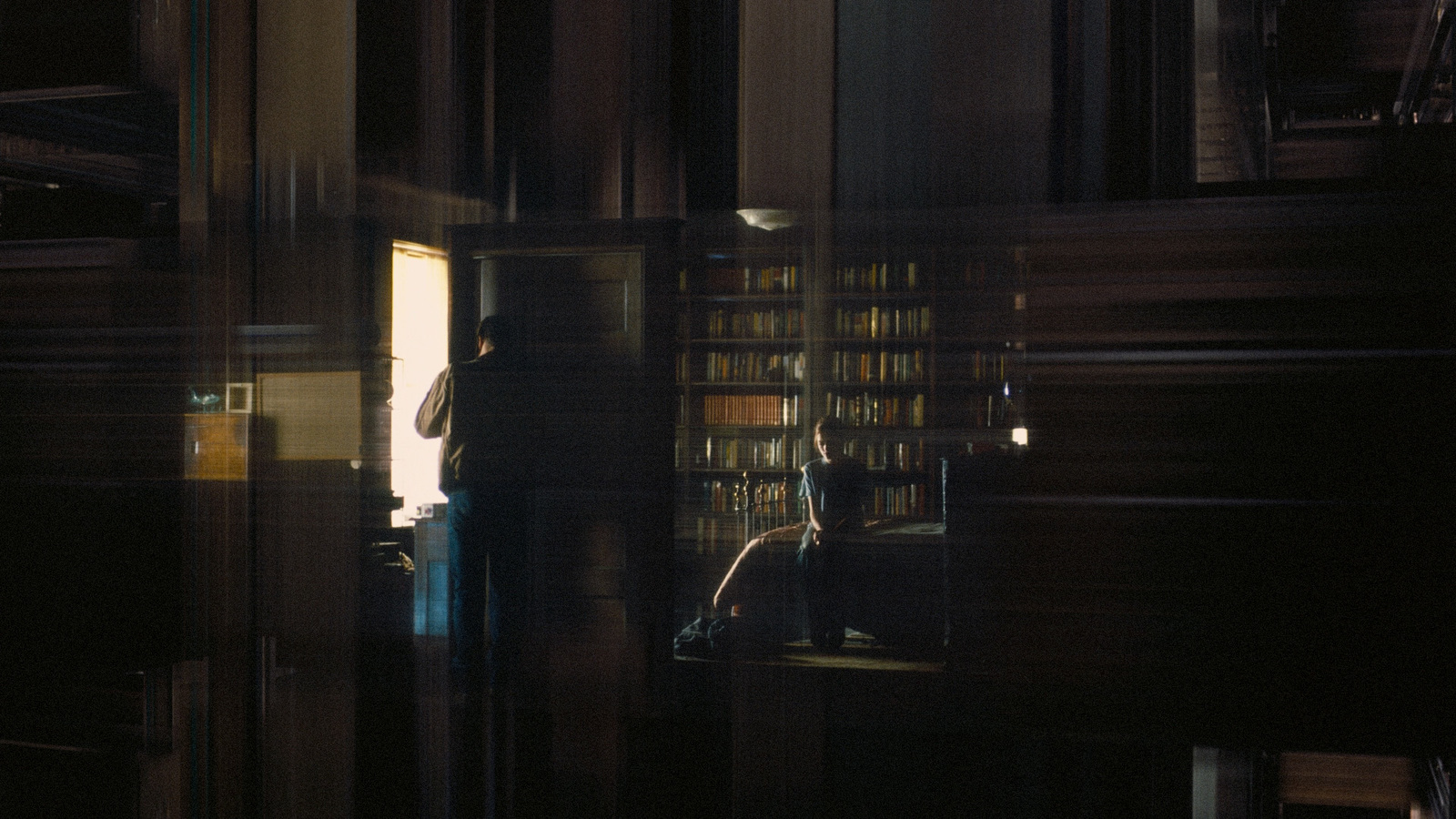 a blurry photo of a person standing in a library