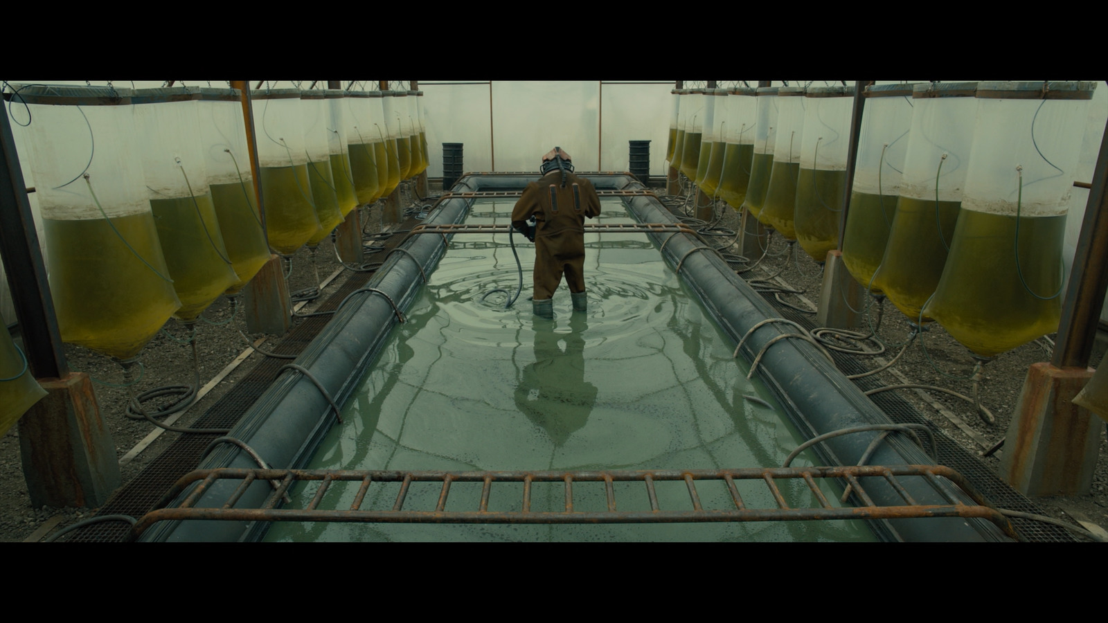 a man standing in a large room filled with yellow liquid
