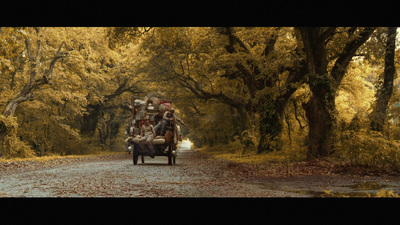 a group of people riding on the back of a horse drawn carriage