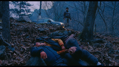 a man laying on the ground next to a car