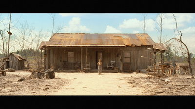 a man standing in front of a shack in the woods