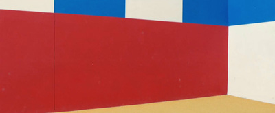 a painting of a red, white, and blue wall