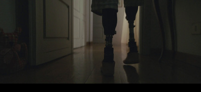 a person walking down a hallway in a house