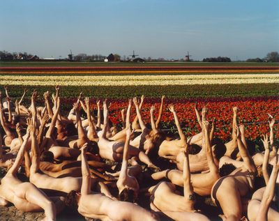 a group of naked men in a field of tulips