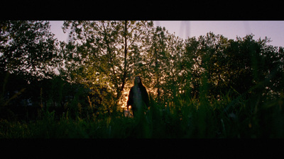 a person standing in a field with trees in the background