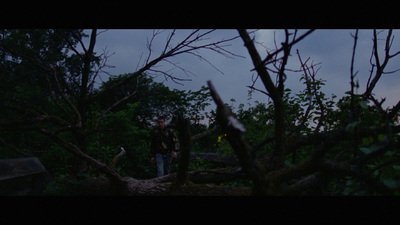 a couple of people standing next to each other in a forest