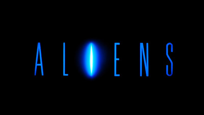 the word aliens written in blue on a black background