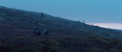 a group of people standing on top of a lush green hillside