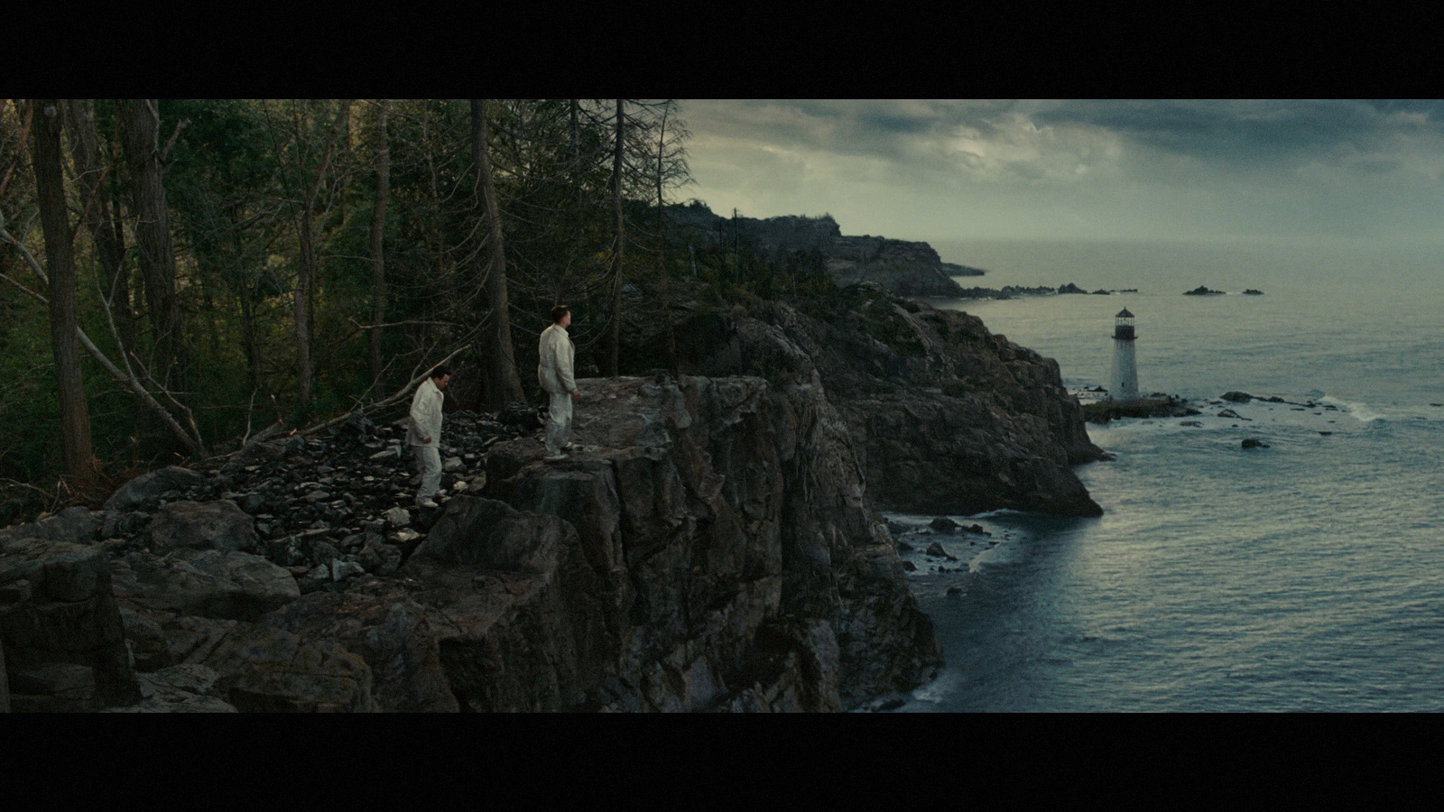 a couple of people standing on top of a cliff next to the ocean