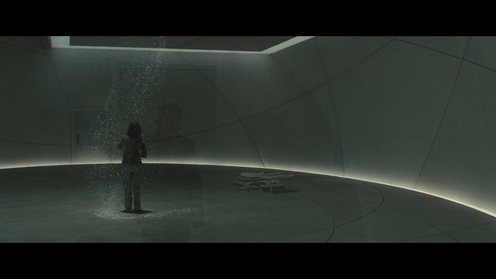 a person standing under a rain shower in a room