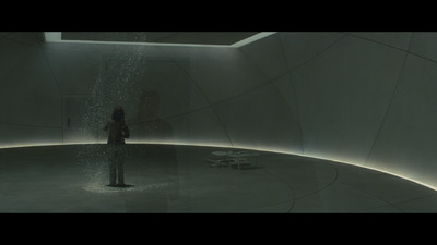 a person standing under a rain shower in a room