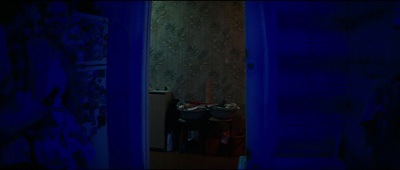 a room with a blue wall and a blue door