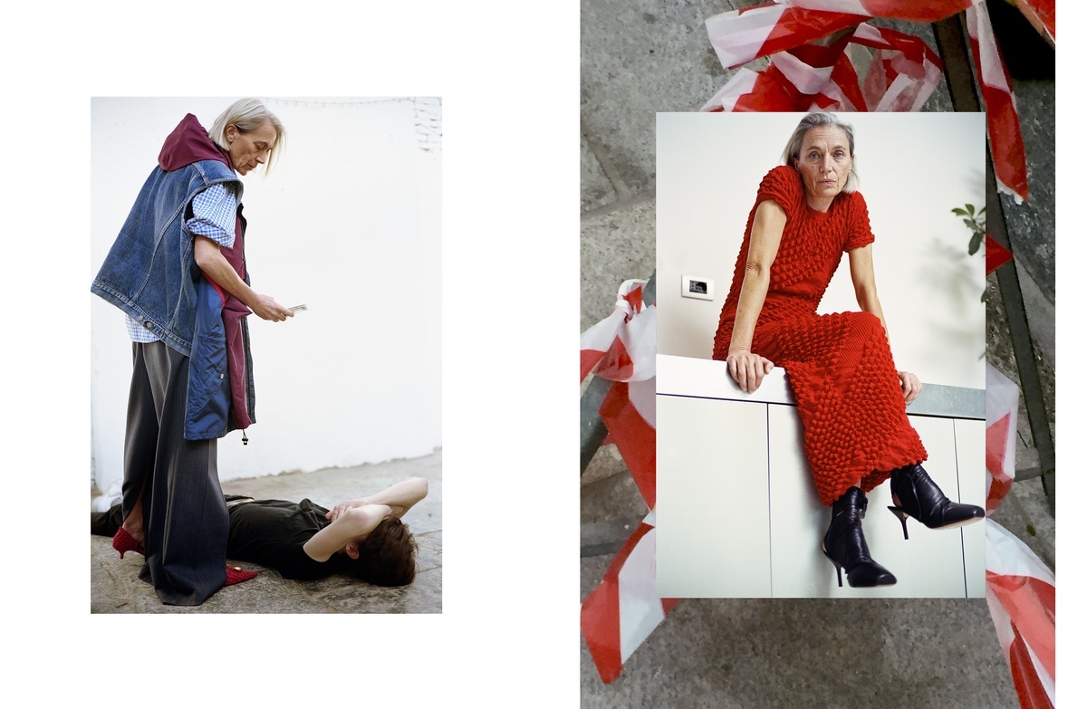 two pictures of a woman in a red dress and a man in a blue jacket