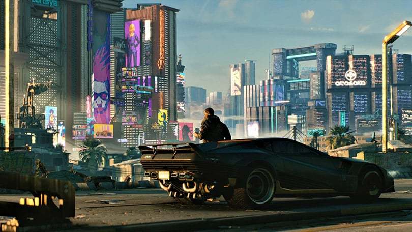 a man standing next to a car in a futuristic city