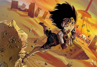 a cartoon of a boy with a gun in a desert