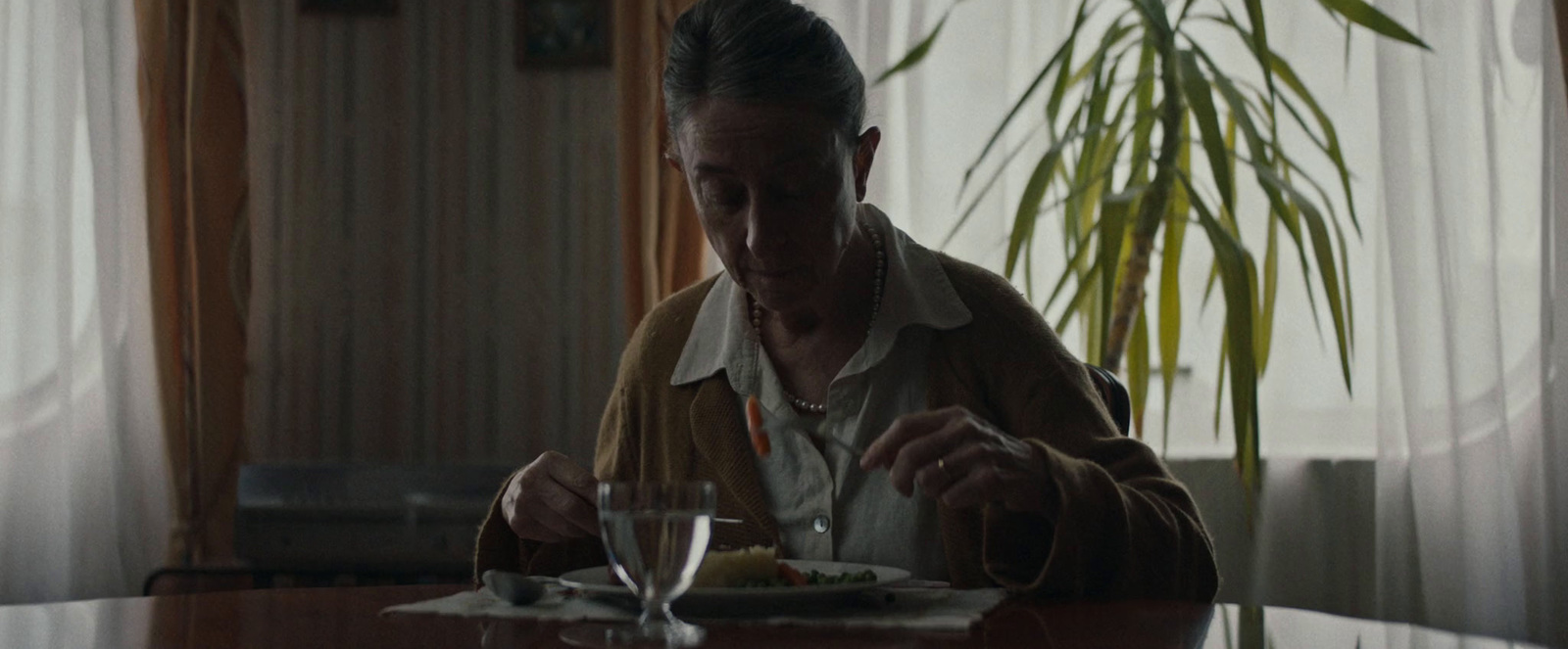 a woman sitting at a table with a plate of food