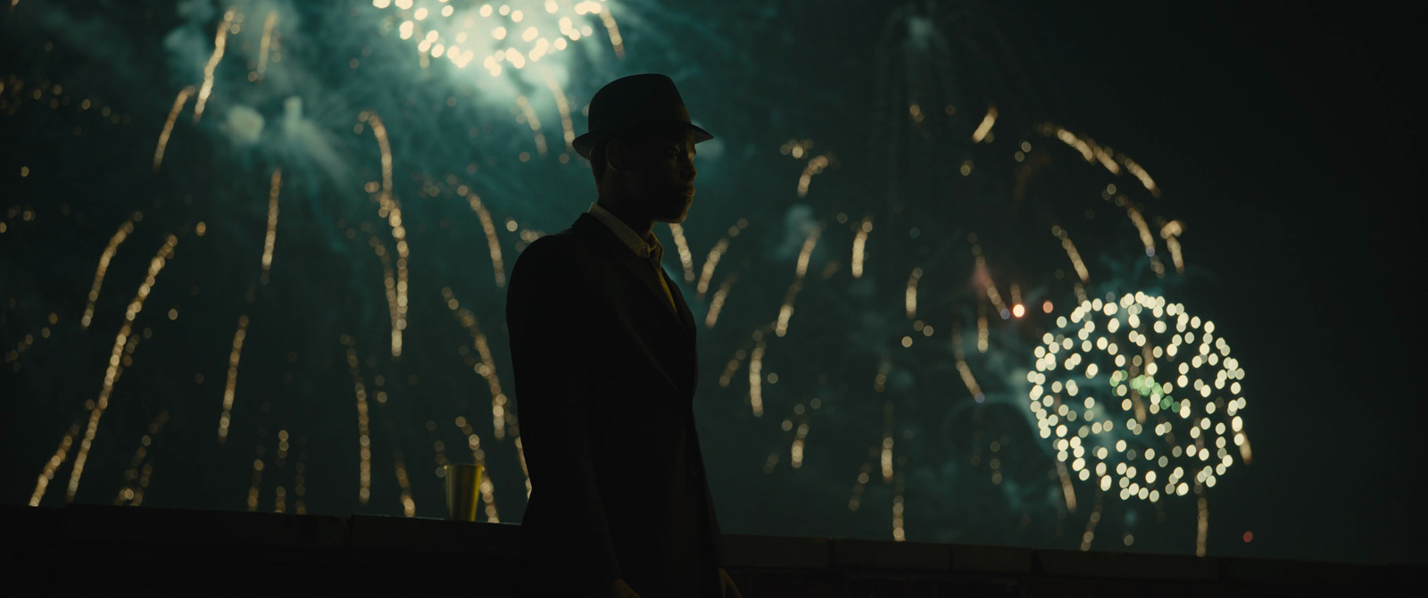 a man standing in front of a fireworks display