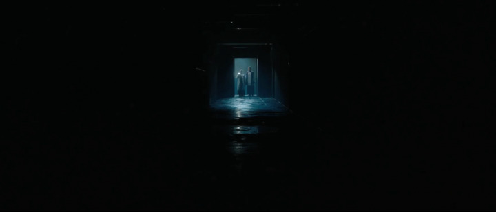 a person standing in a doorway in the dark