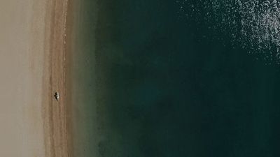 an aerial view of a beach with a boat in the water