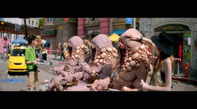 a group of strange looking people walking down a street