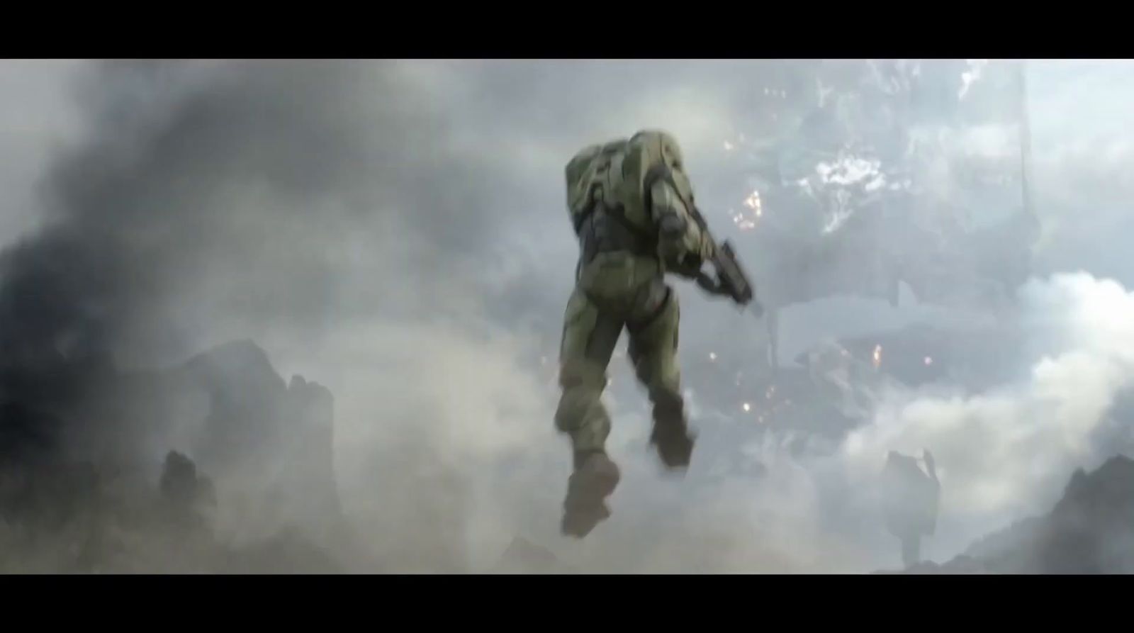 a video game scene with a soldier in the air