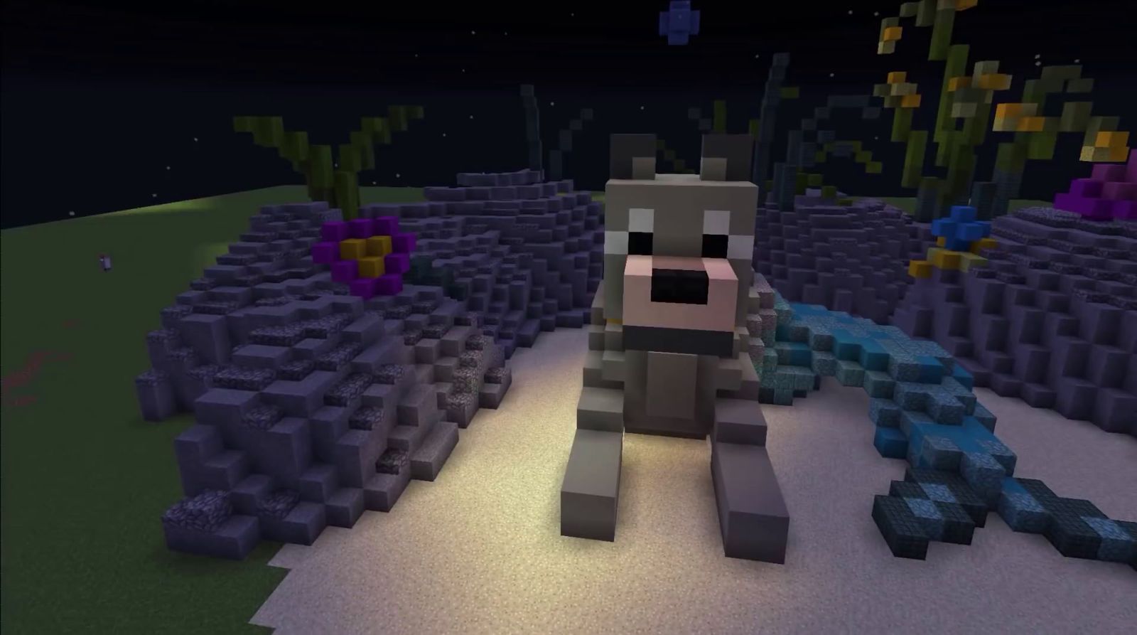 a minecraft wolf standing in the middle of a field