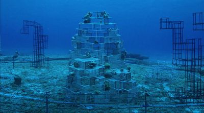 a large tower made out of metal cages in the ocean