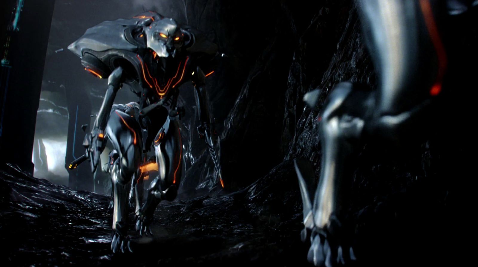 a futuristic robot walking through a dark cave