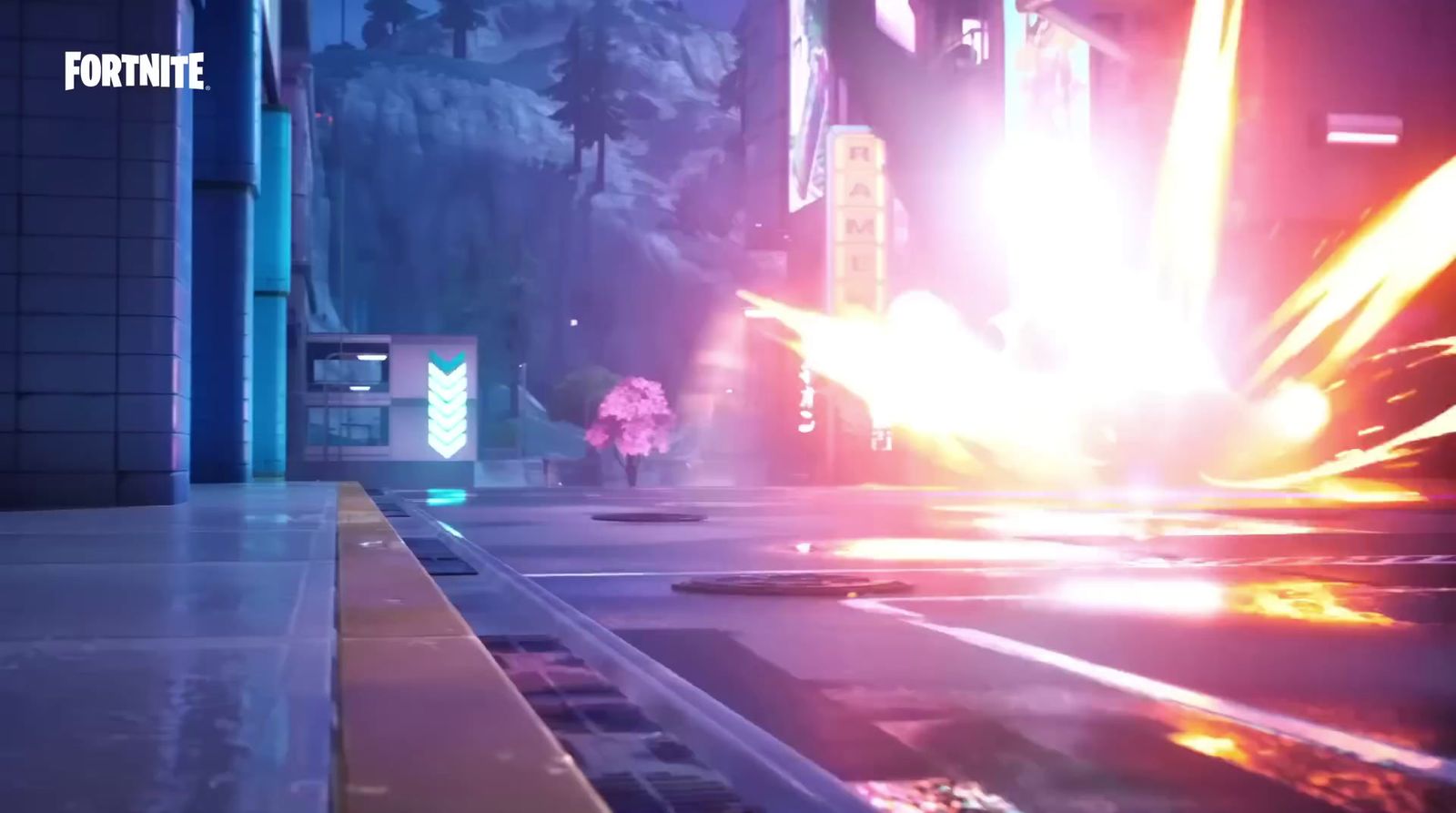 a video game scene of a futuristic city at night