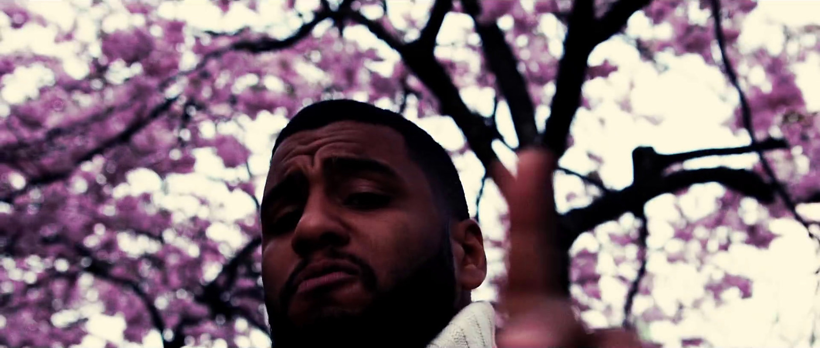 a man standing in front of a tree with purple flowers