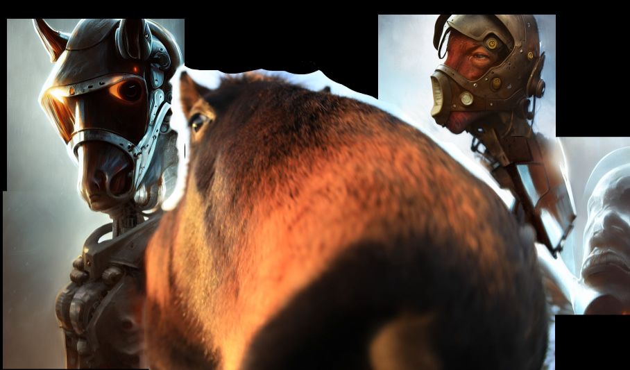 a collage of images of a horse and a man in armor