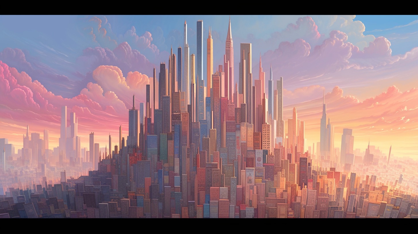 a painting of a city with tall buildings