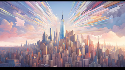 a painting of a city with a sky background