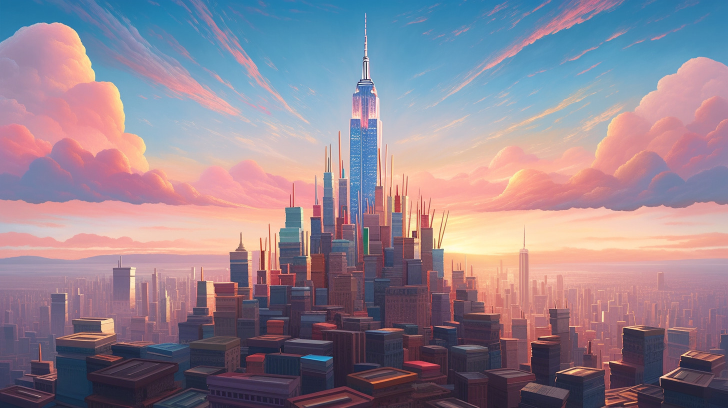 a painting of a cityscape with a sky background