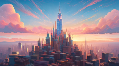 a painting of a cityscape with a sky background