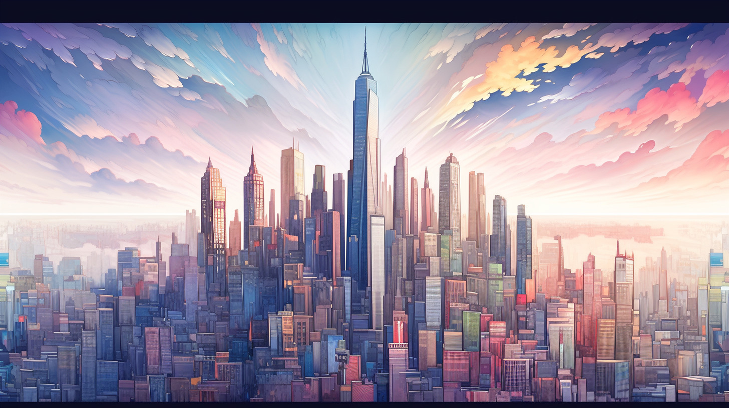 a painting of a cityscape with a sky background