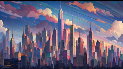 a painting of a city with skyscrapers and clouds