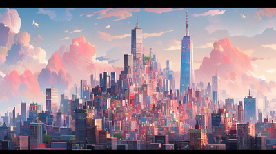 a painting of a cityscape with a sky background