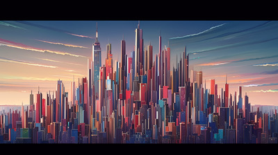 a painting of a city with tall buildings