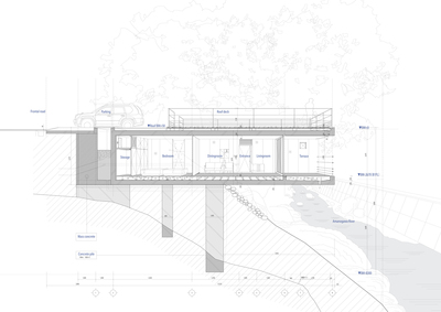 a drawing of a building that is on top of a hill